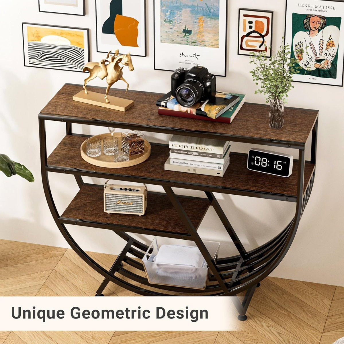 Unique Geometric Console Table with 3-Tier Wooden Shelves