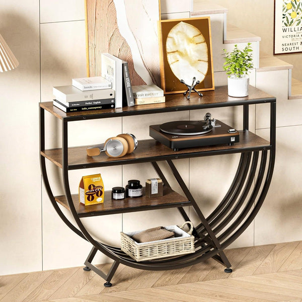 Unique Geometric Console Table with 3-Tier Wooden Shelves