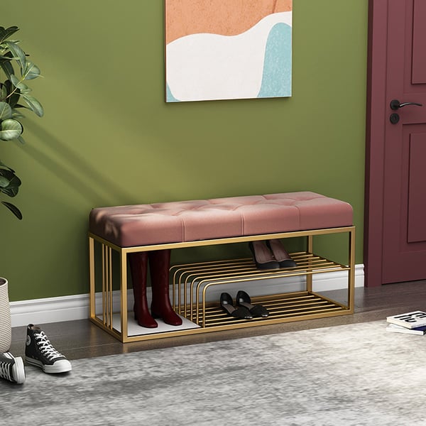 Upholstered Pink Velvet Luxurious Golden Shoe Rack Bench Organizer