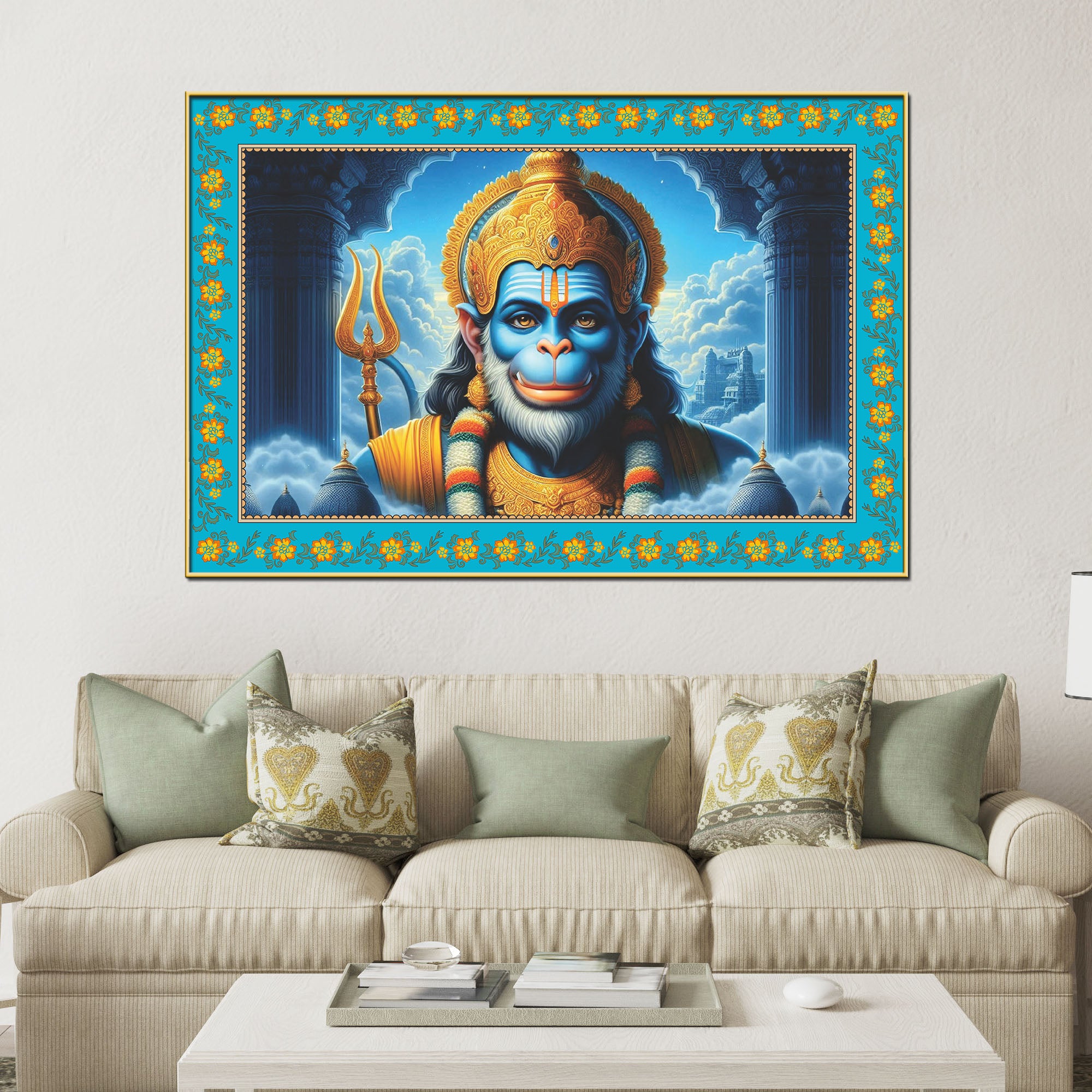 Veer Bajrangi Hanuman Floral Border Canvas Wall Painting