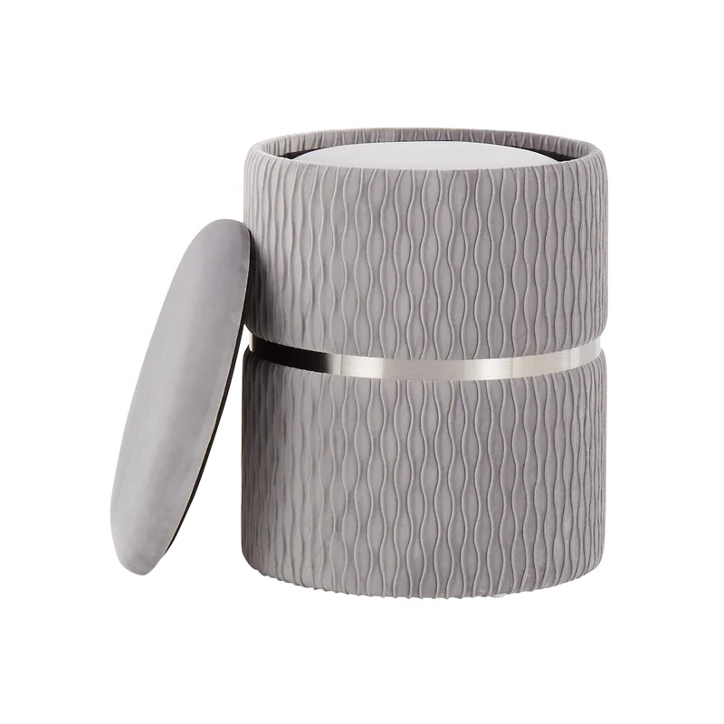 Velvet Grey Color Round Storage Ottoman with Storage Set of 2