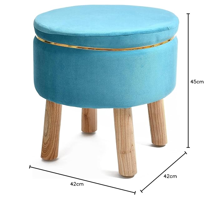 Velvet Round Blue Color Ottoman Chair with Wooden Legs