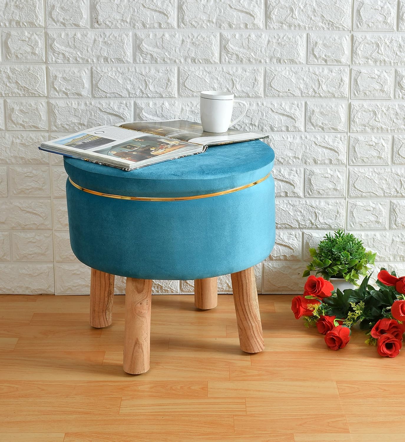 Velvet Round Blue Color Ottoman Chair with Wooden Legs