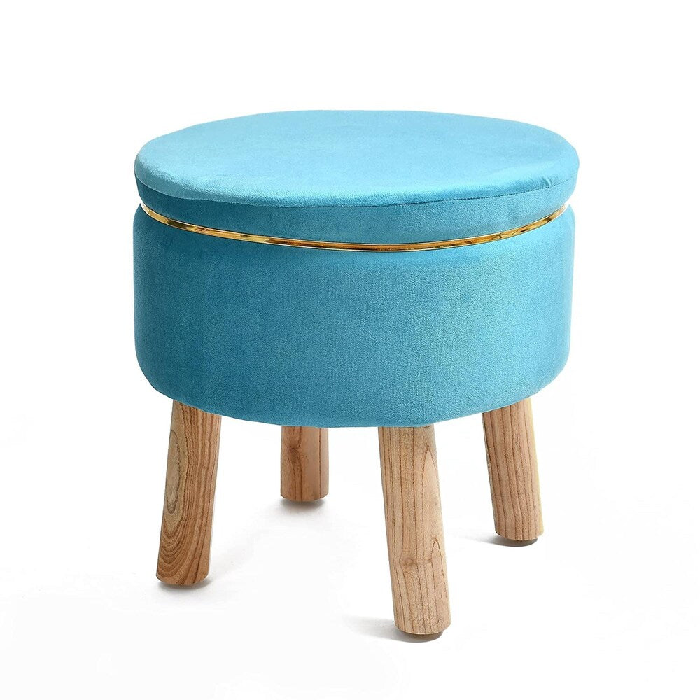 Velvet Round Blue Color Ottoman Chair with Wooden Legs