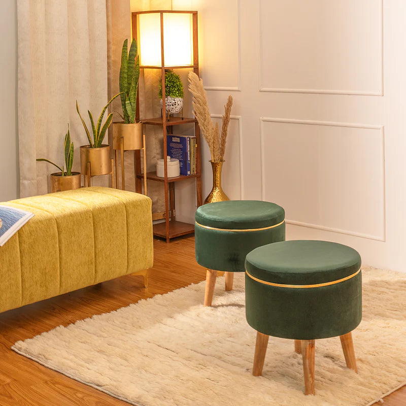 Velvet Round Rich Green Ottoman Chair with Wooden Legs