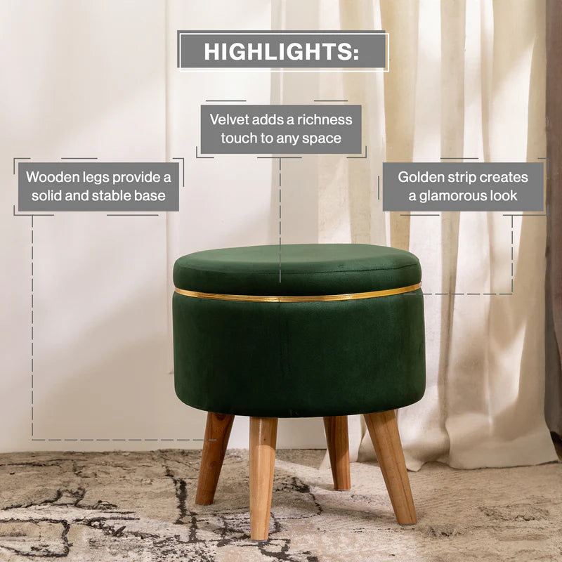 Velvet Round Rich Green Ottoman Chair with Wooden Legs