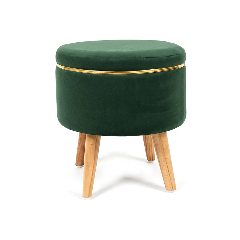 Velvet Round Rich Green Ottoman Chair with Wooden Legs