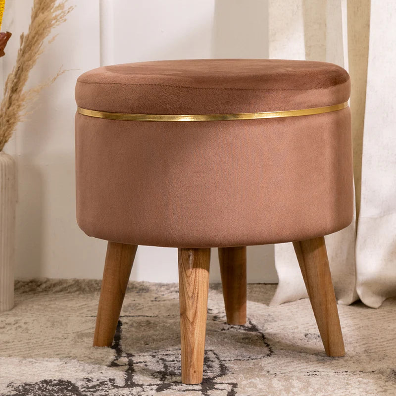 Velvet Round Tan Brown Ottoman Chair with Wooden Legs