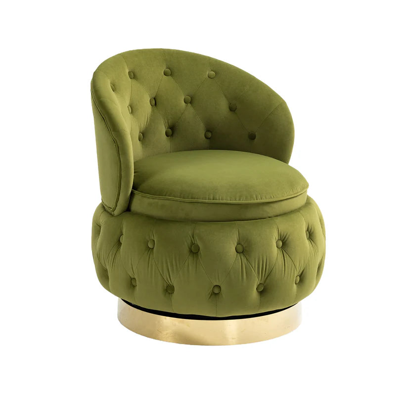 Velvet Swivel Ottoman Sofa Chair with Green Tufted Back and Gold-Plated Base