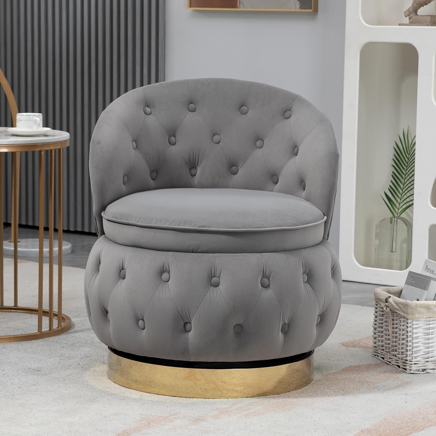 Velvet Swivel Ottoman Sofa Chair with Grey Tufted Back and Gold-Plated Base