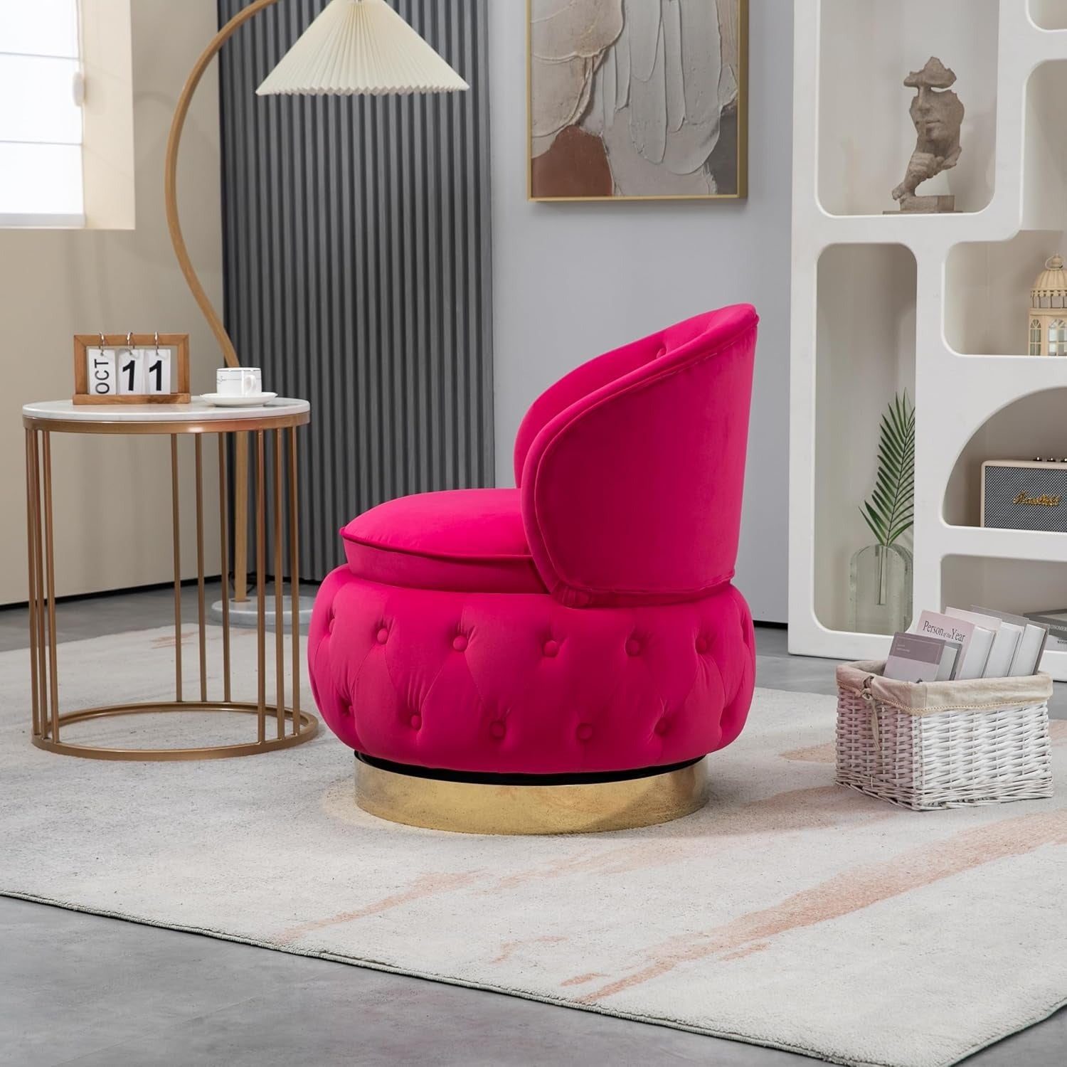 Velvet Swivel Ottoman Sofa Chair with Rich Pink Tufted Back and Gold-Plated Base