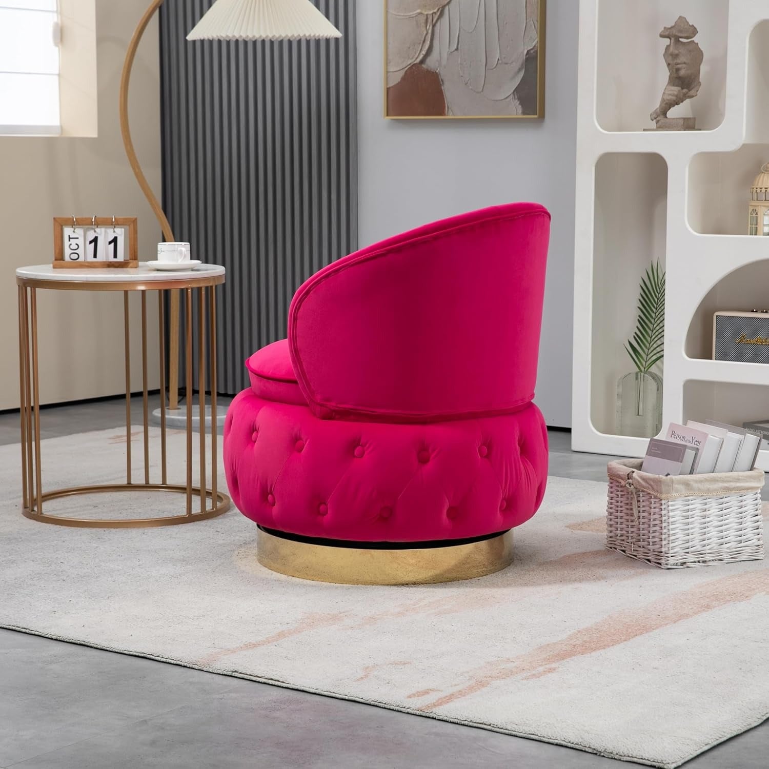 Velvet Swivel Ottoman Sofa Chair with Rich Pink Tufted Back and Gold-Plated Base