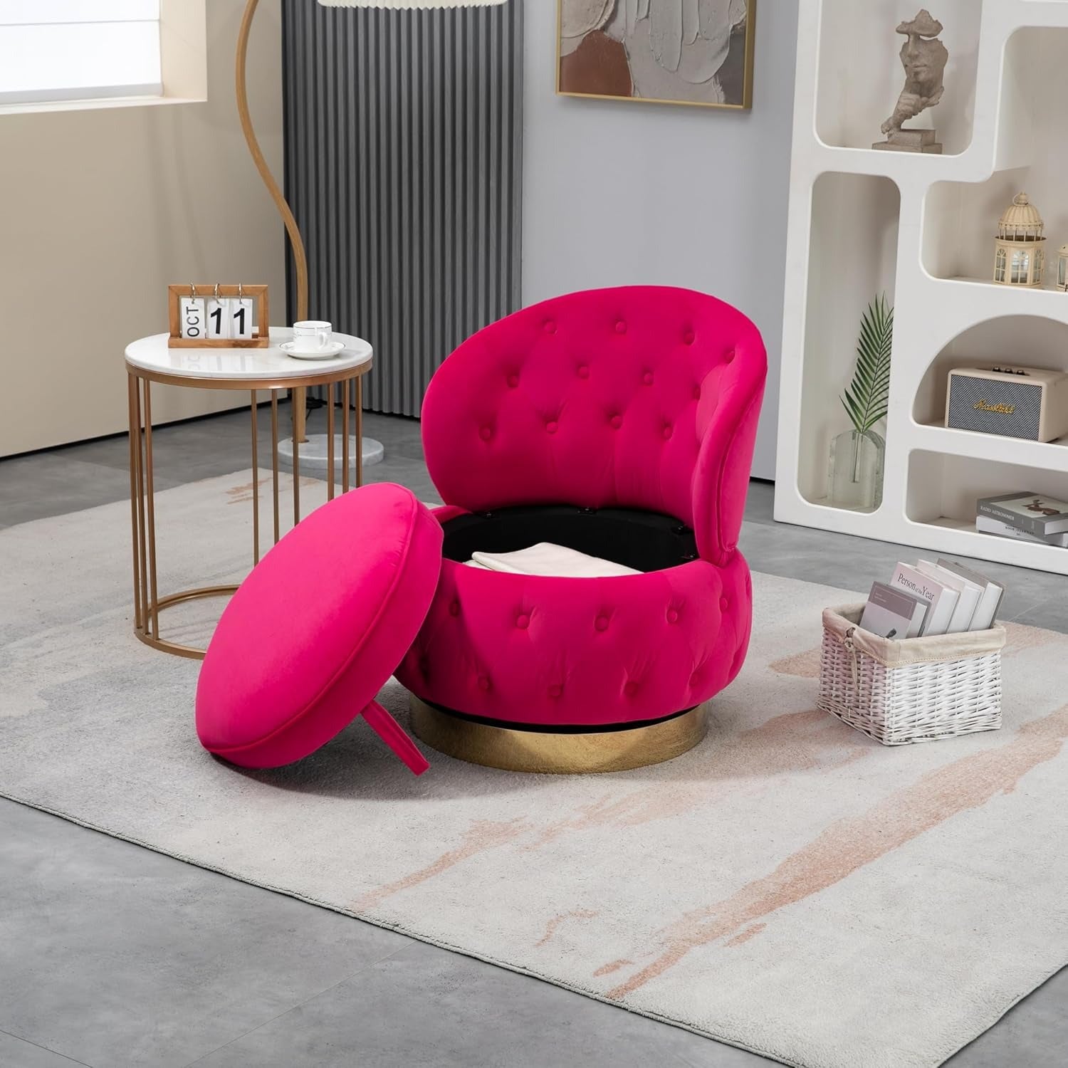 Velvet Swivel Ottoman Sofa Chair with Rich Pink Tufted Back and Gold-Plated Base