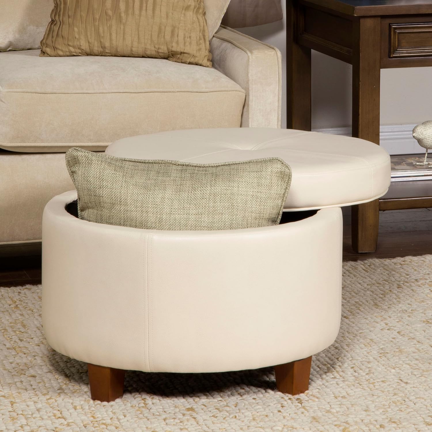 Versatile Round Ottoman in Soft Cream Fabric