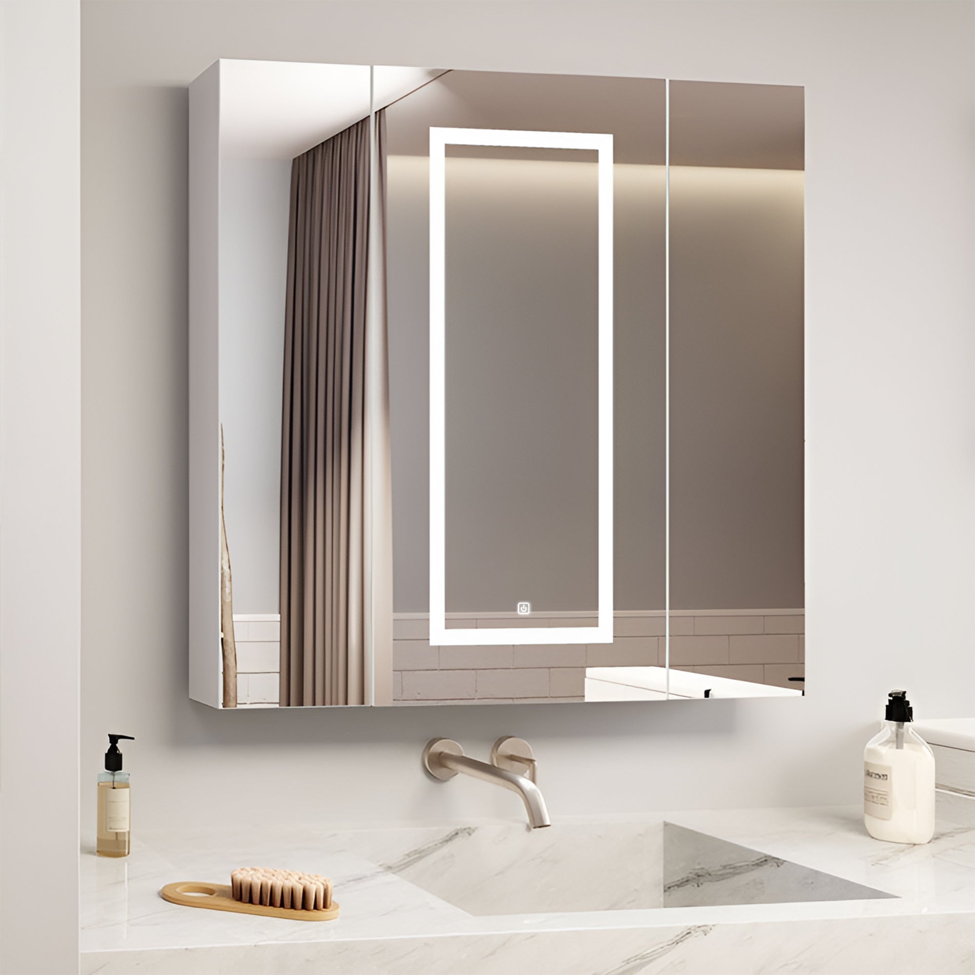 Vertical LED Light Mirror Cabinet with Touch Sensor & Soft Close Doors