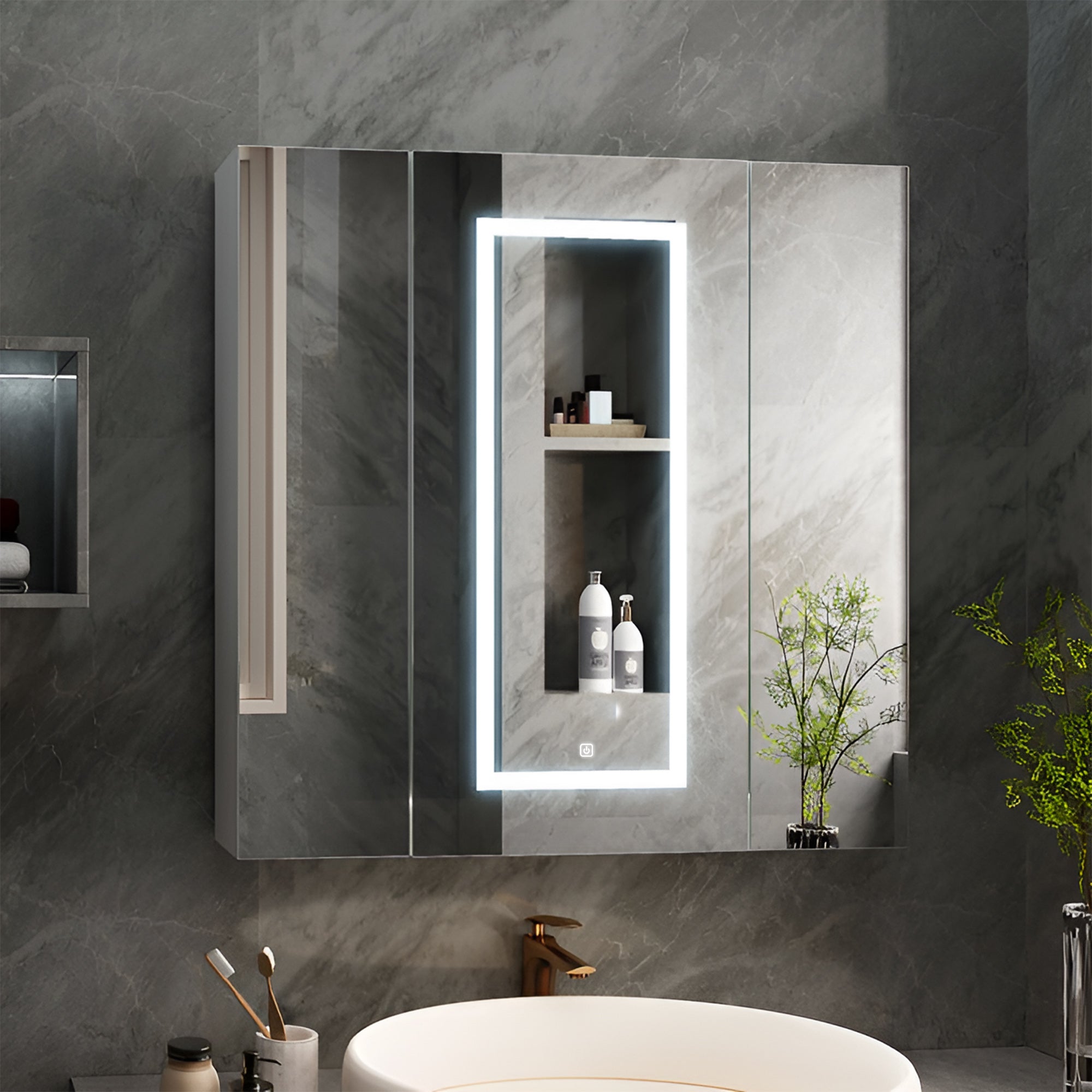 Vertical LED Light Mirror Cabinet with Touch Sensor & Soft Close Doors