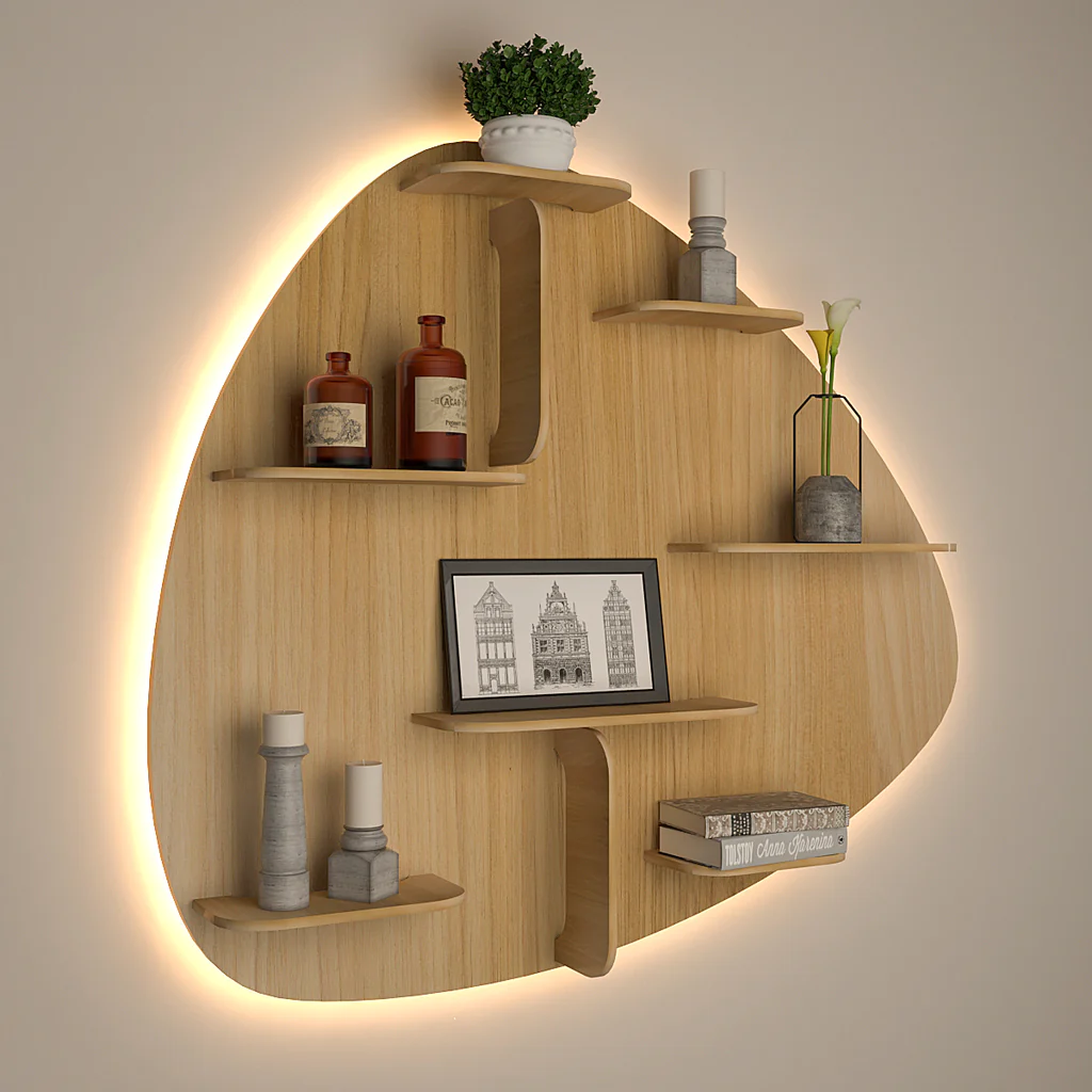 Abstract Shape Backlit Designer Wooden Wall Shelf