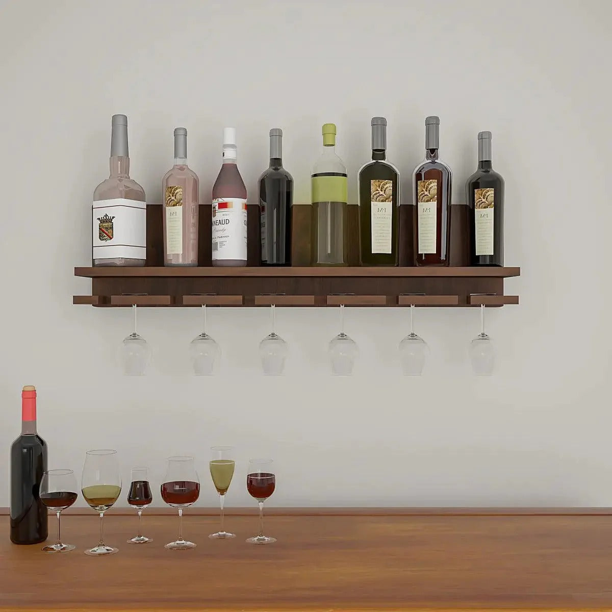 Backlit Look MDF Mini Bar Shelf in Walnut Finish