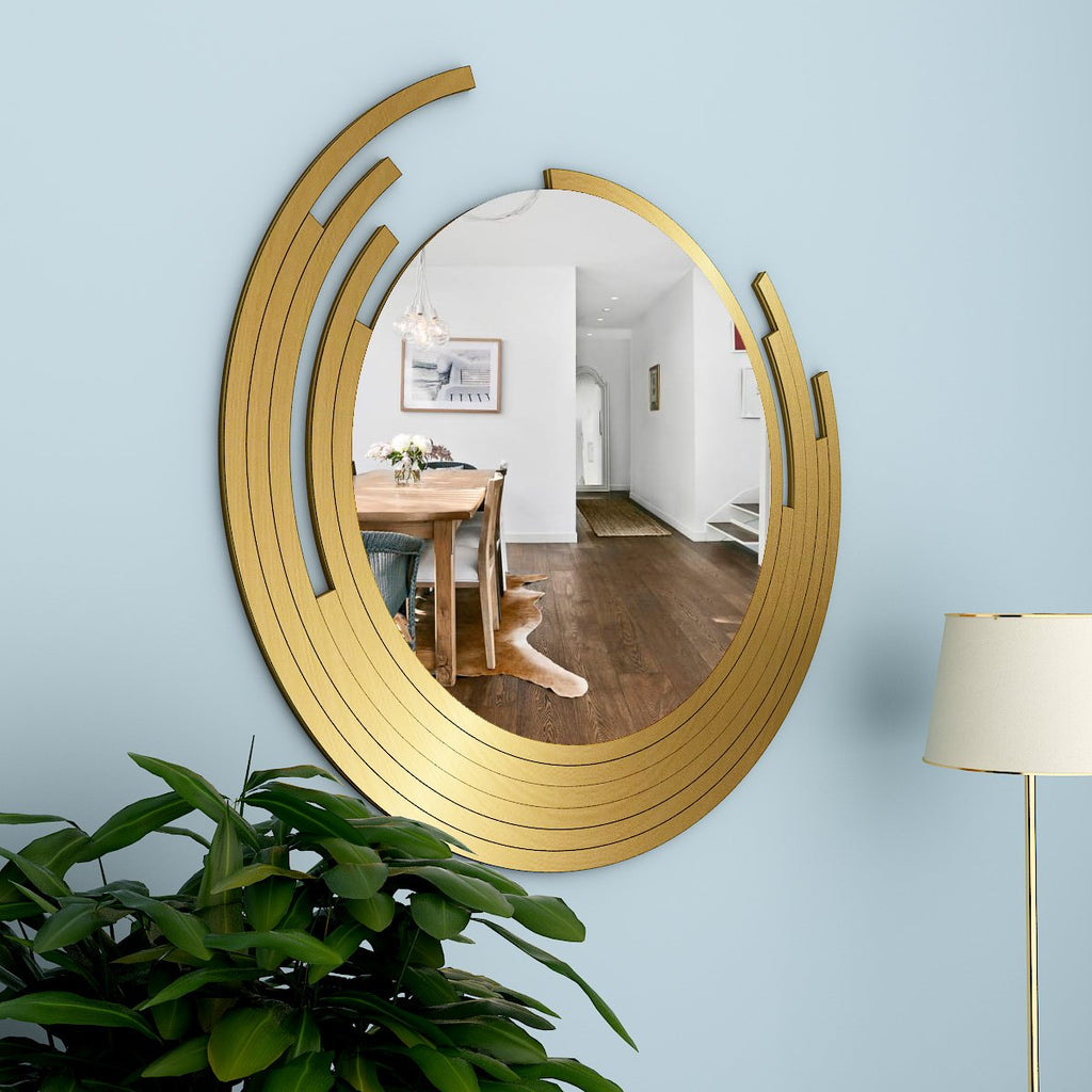 Wooden Wall Mirror Round Shape with Golden Finish Frame