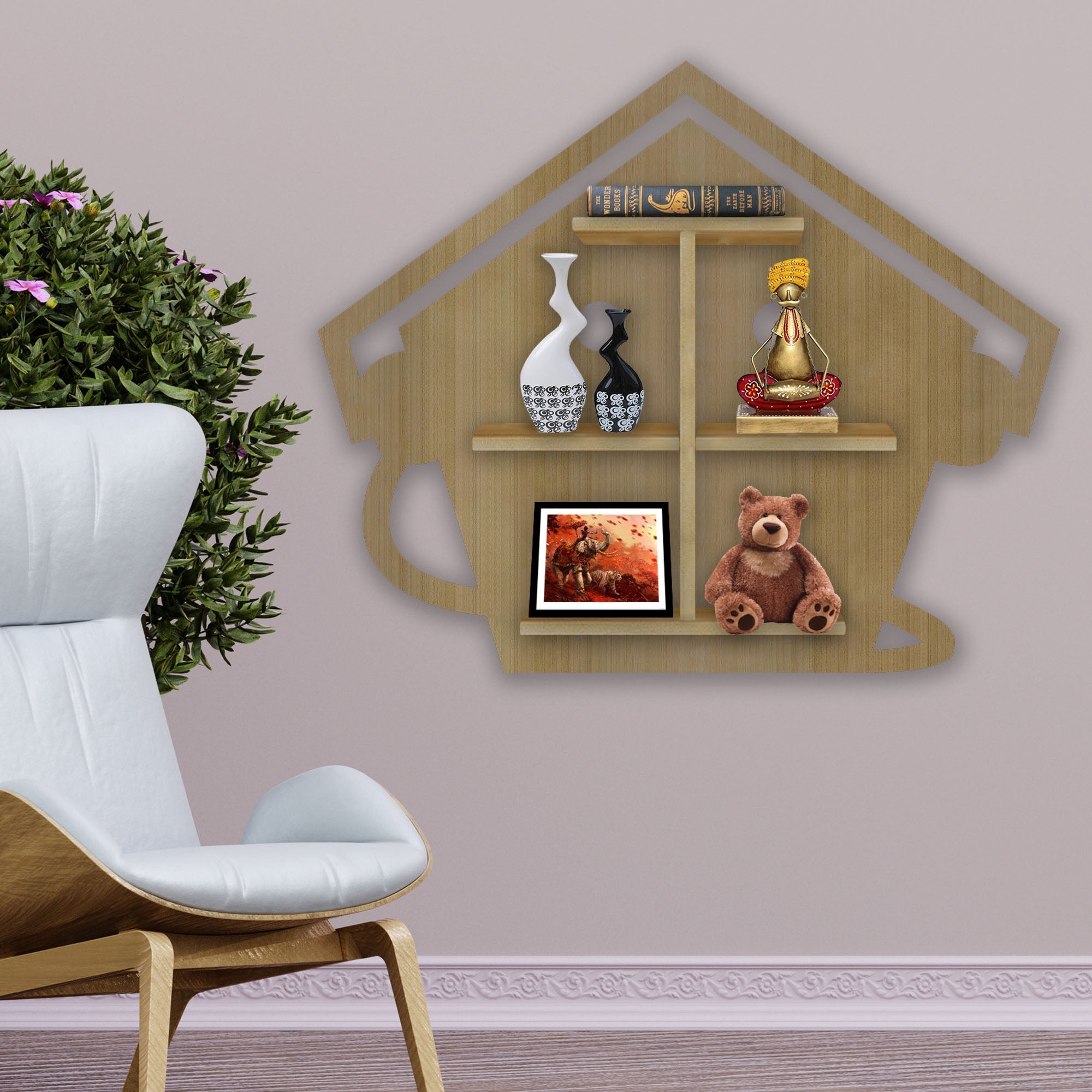 Listening Music Wooden LED Light Wall Shelf with Oak Finish