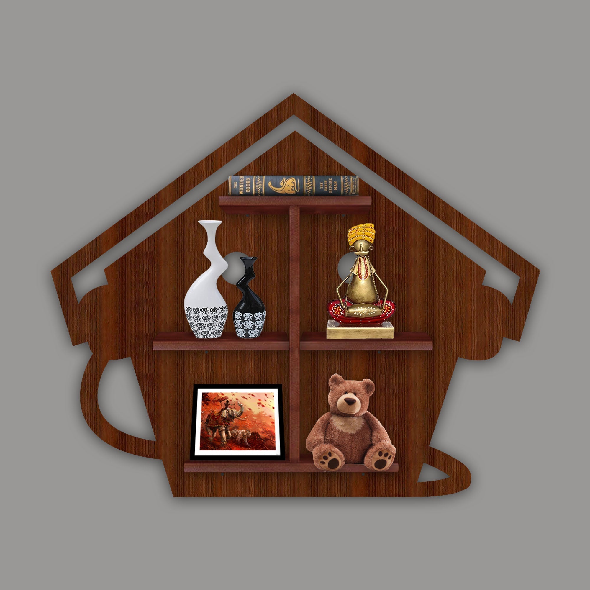 Beautiful Hut with Wooden LED Light Wall Shelf with Walnut Finish