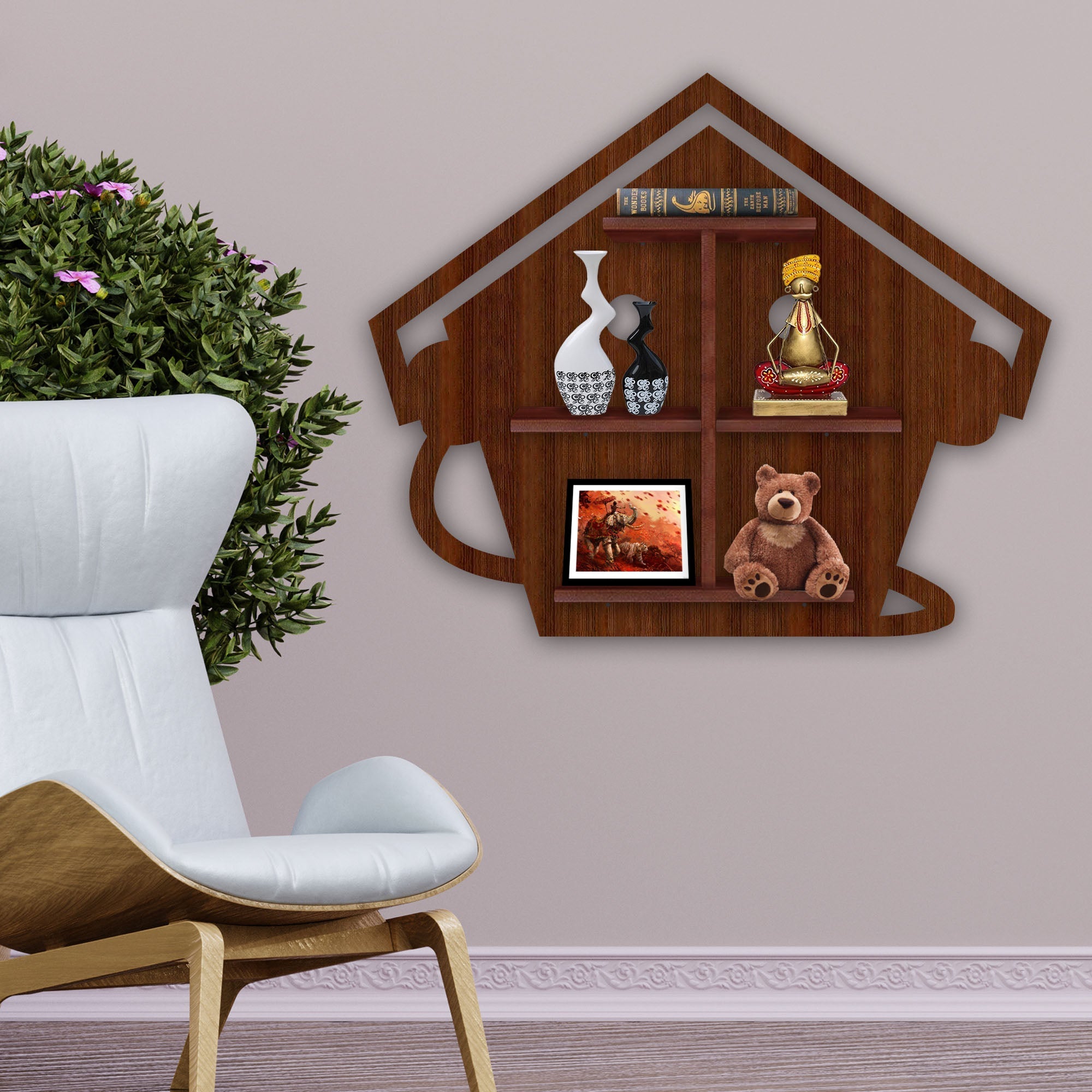 LED Light Wall Shelf with Walnut Finish