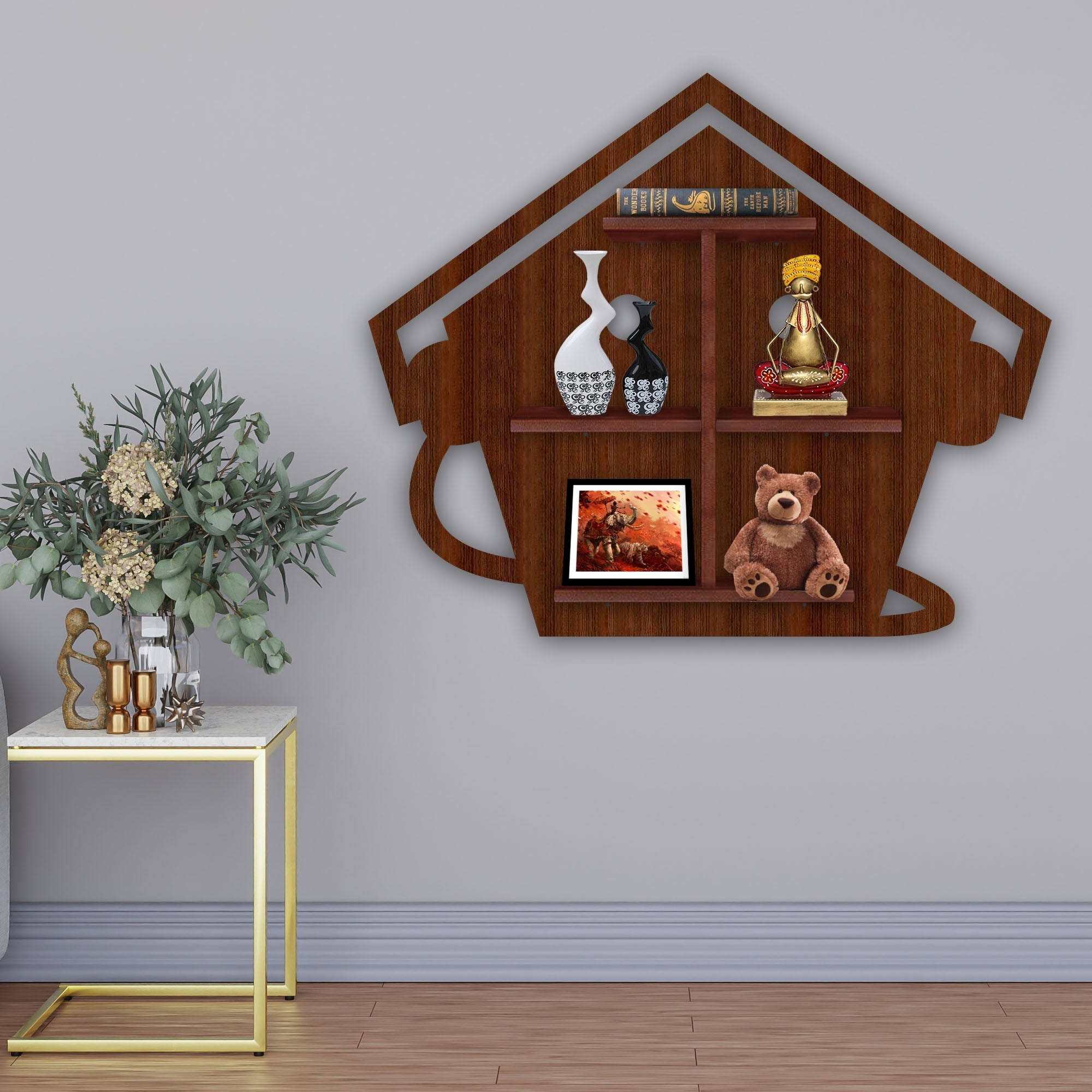 Listening Music Wooden LED Light Wall Shelf with Walnut Finish