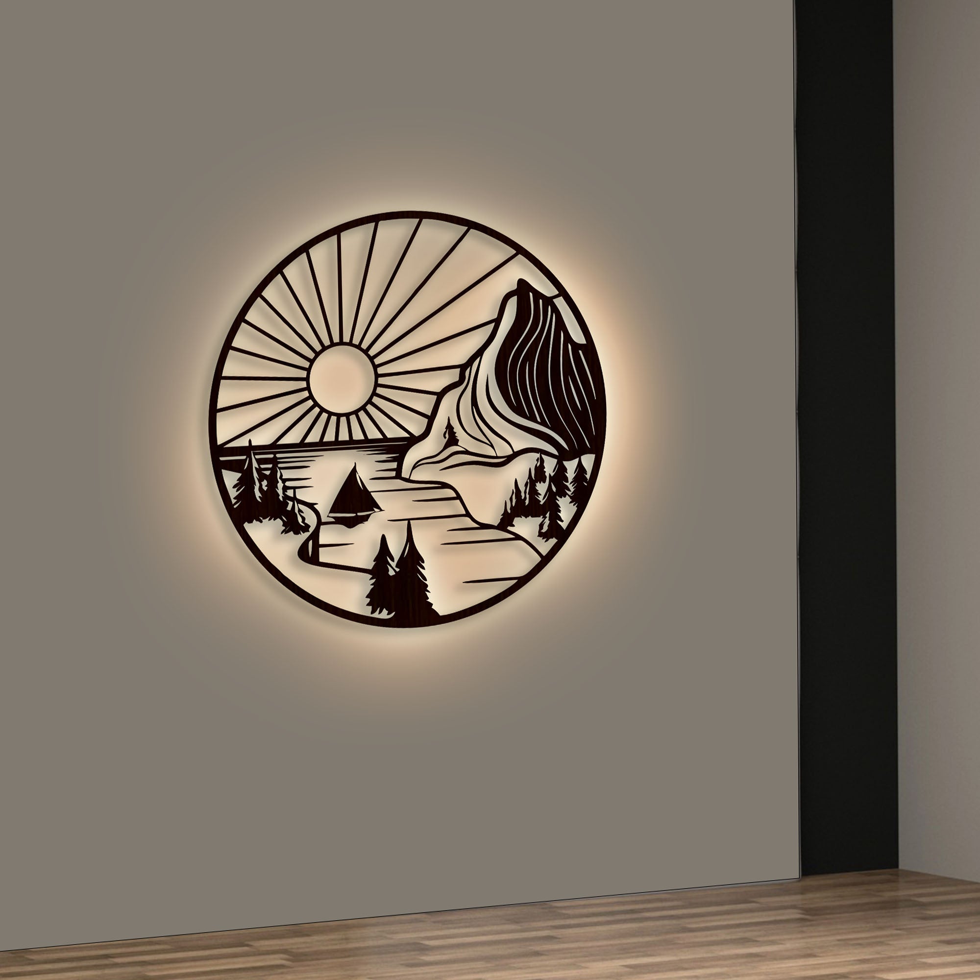 Beautiful Mountain and Rising Sun Scenery Backlit Wooden Wall Decor