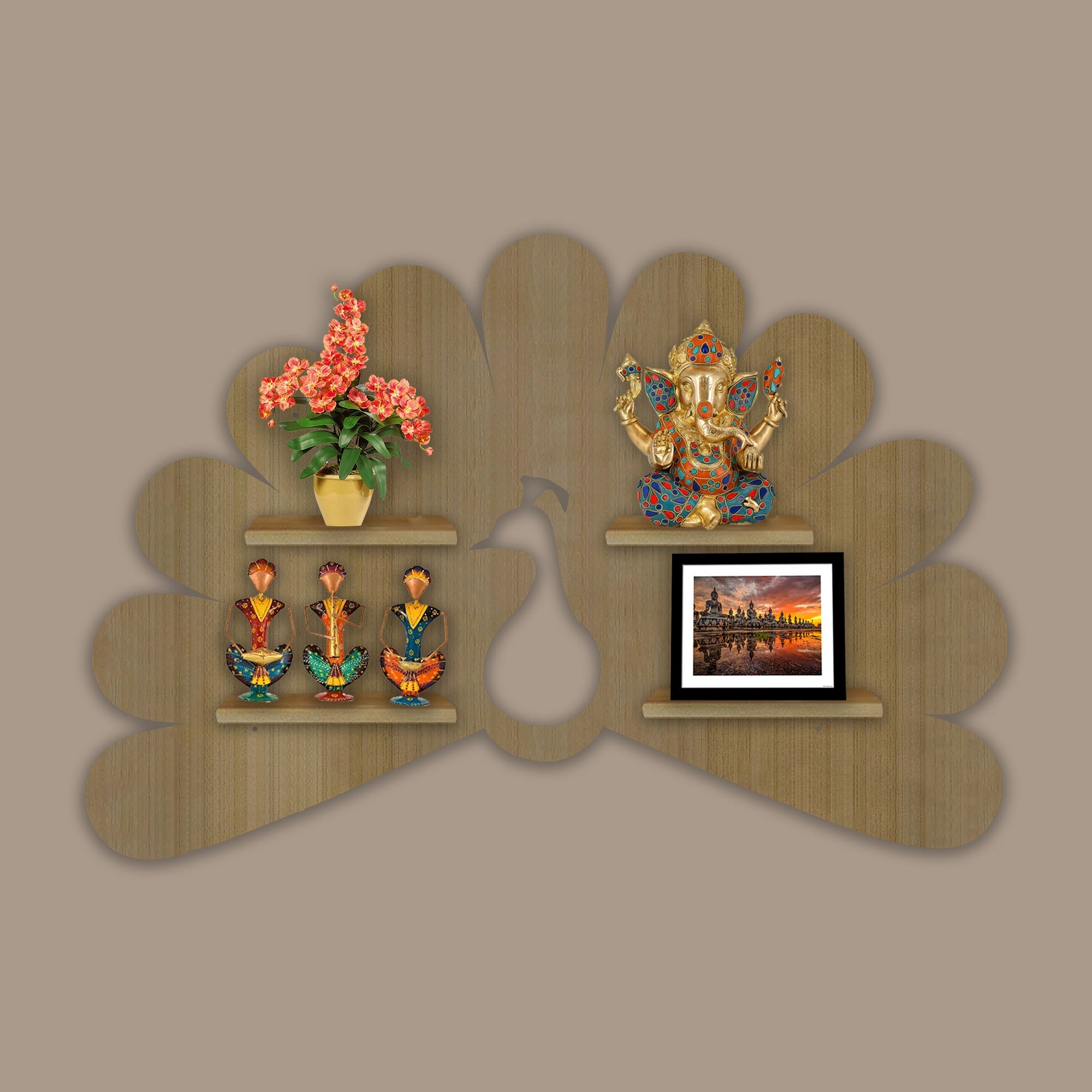 Beautiful Peacock Wooden LED Light Wall Shelf with Oak Finish