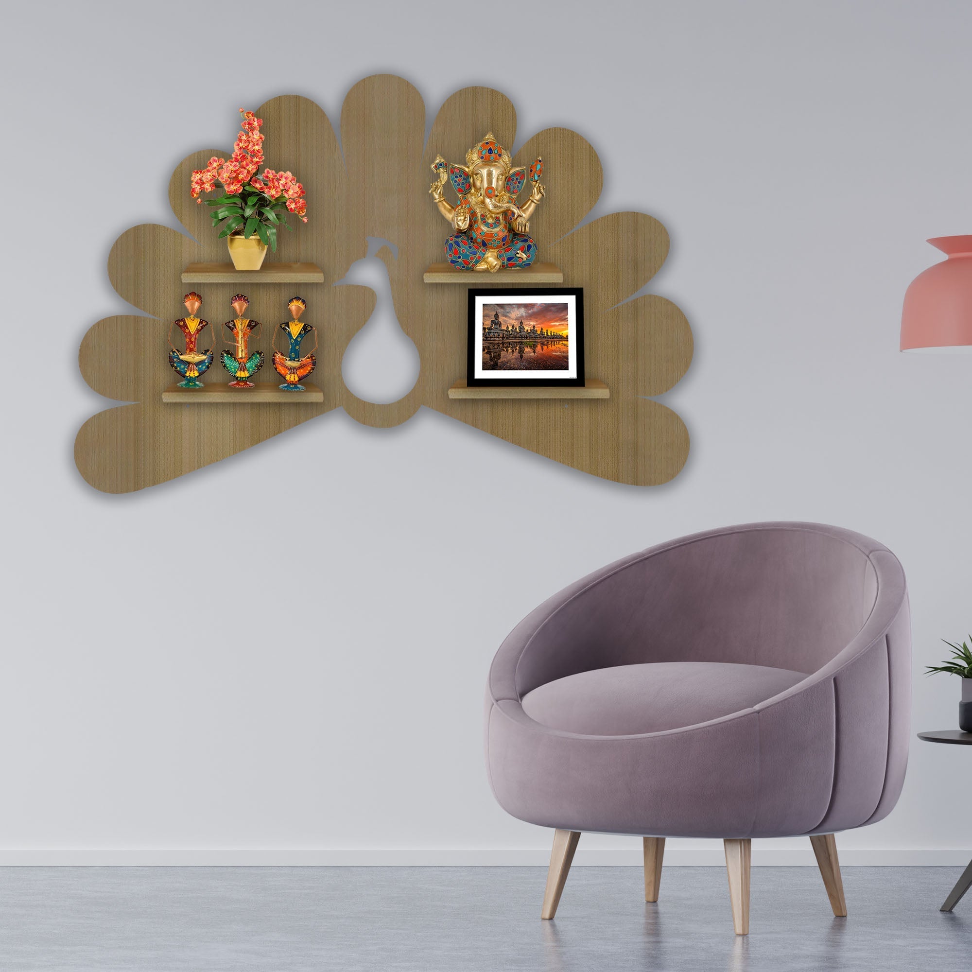 Peacock Shape Wooden LED Light Wall Shelf