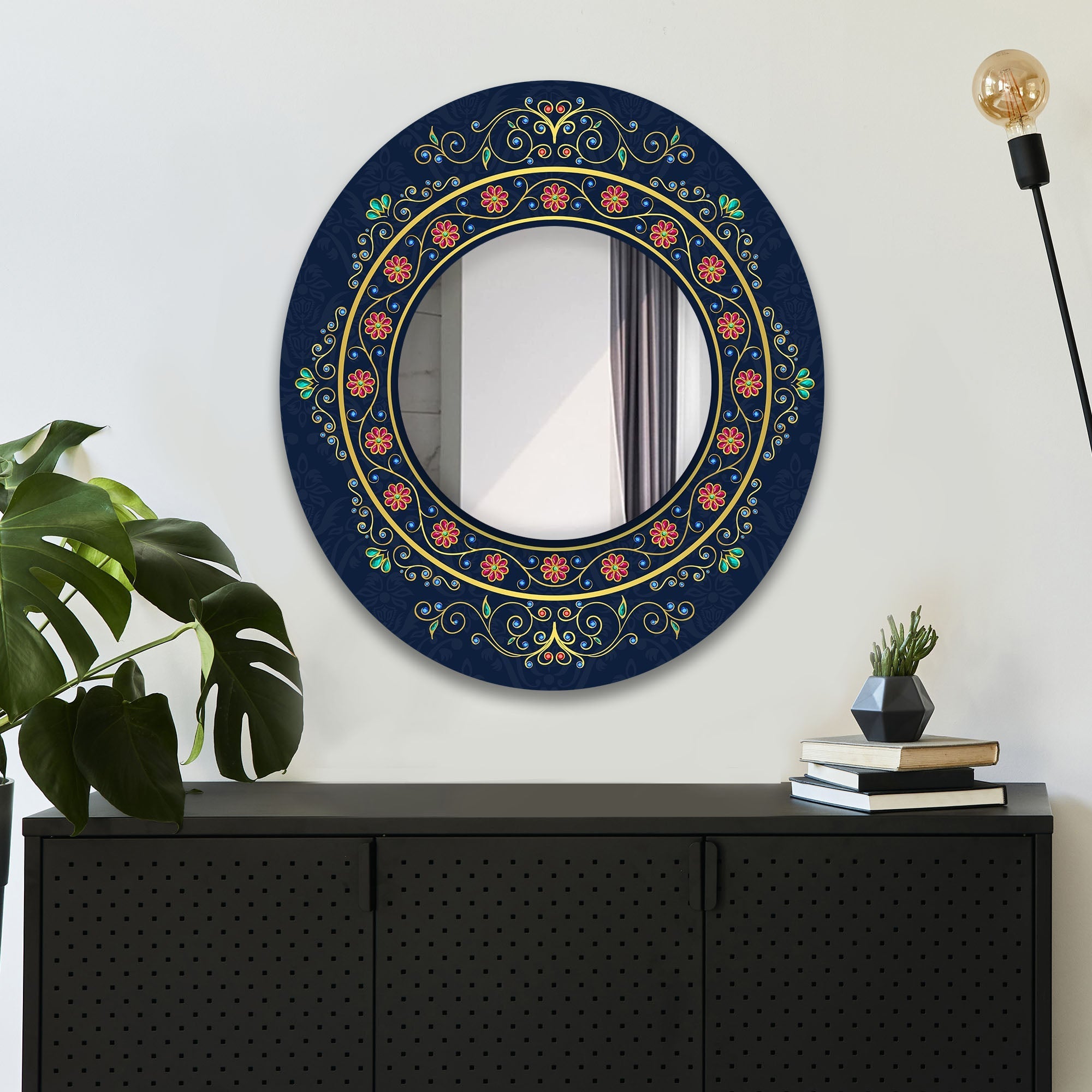 Beautiful Vintage Style with Crystals Abstract Pattern Round Printed Wall Mirror