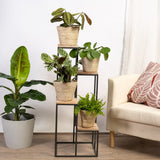 Black Metal Planter Stand with Premium Brown Wooden Shelves- 4 Tier