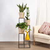 Black Metal Planter Stand with Wooden Shelves- 4 Tier