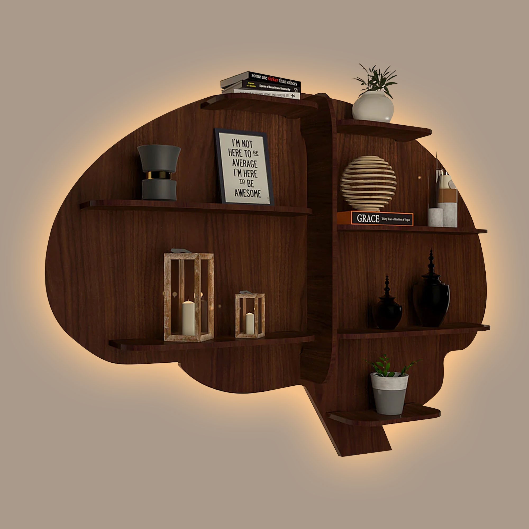 Brain Shape Backlit Designer Wooden Wall Shelf