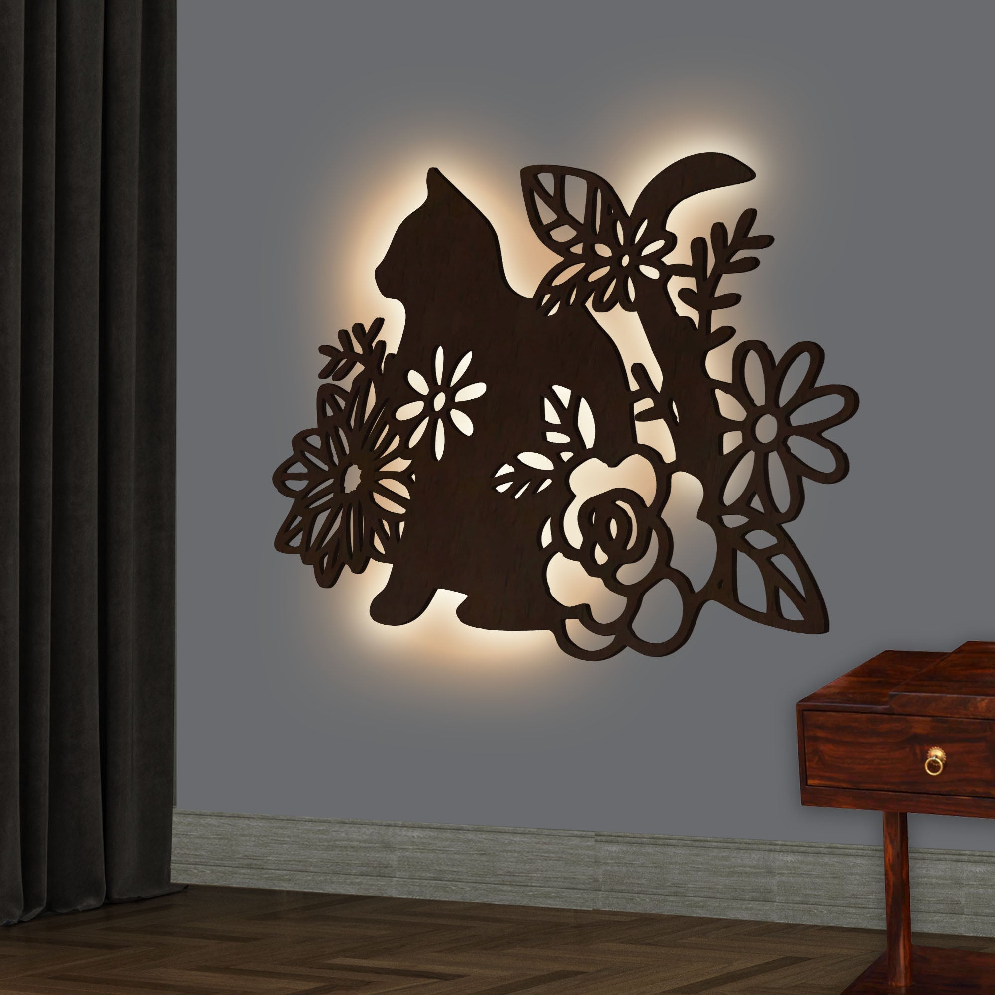 Cat with Flower Backlit Wooden Wall Decor