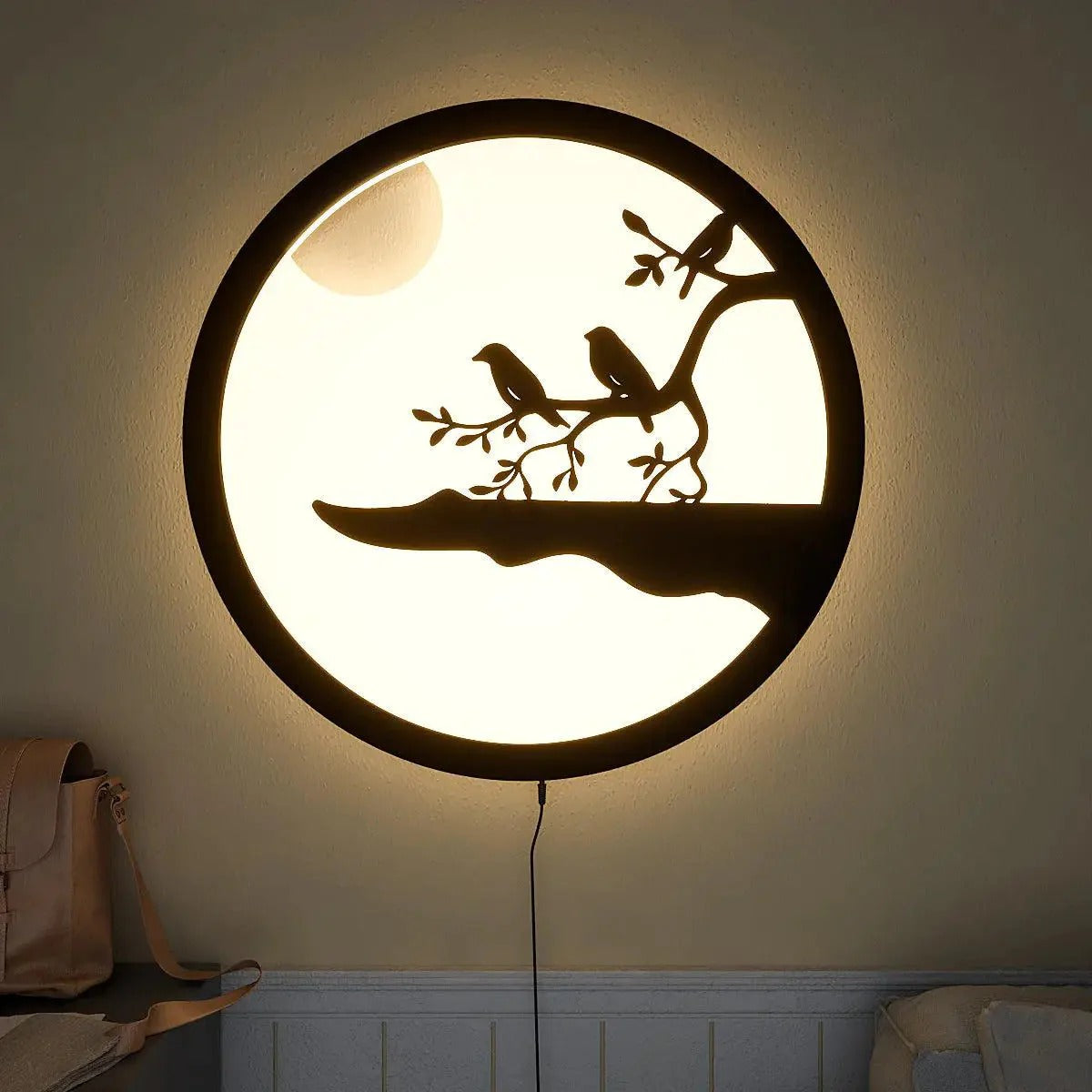 Lovely Bright White Crescent Moon Behind Ocean Wave hot LED Light Room Wall Art Deco