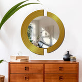 Circle In 2 Pieces Design Wood Wall Mirror With Gold Texture
