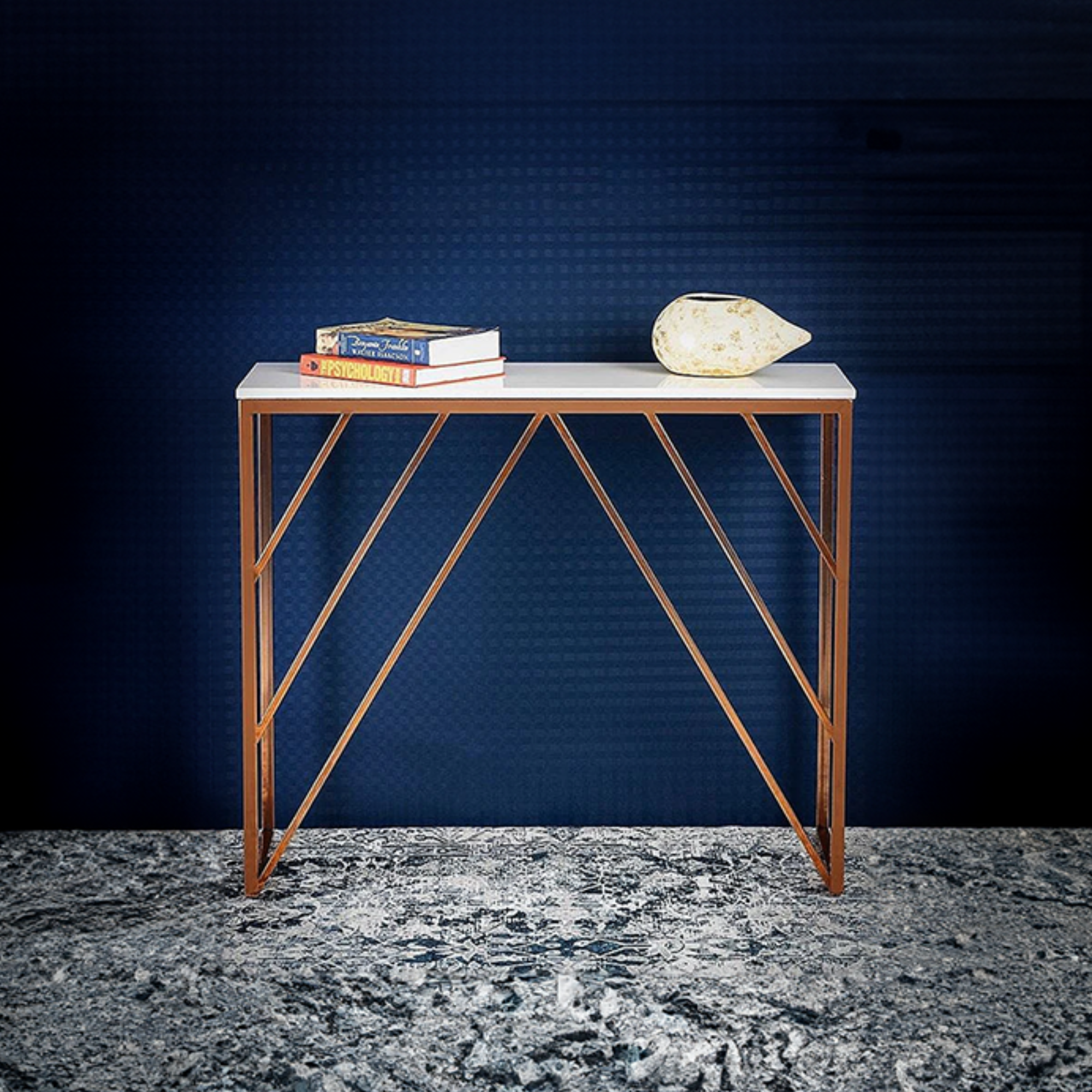 Console Table White Rectangular Shape with Copper Metal Finish