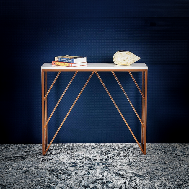 Console Table White Rectangular Shape with Copper Metal Finish