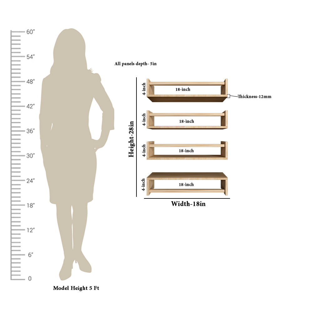Horizontal Four Wall Shelf with Oak Finish