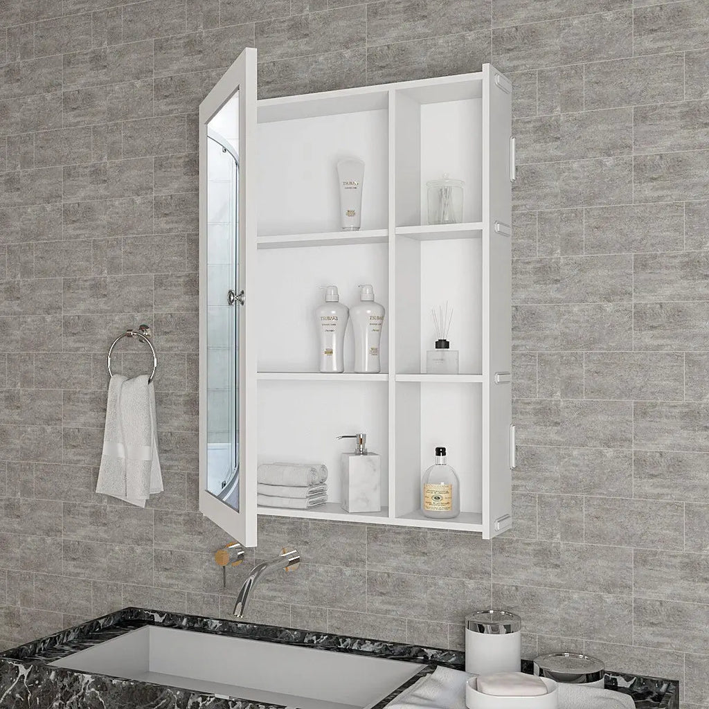 White Finish Wooden Bathroom Mirror Cabinet
