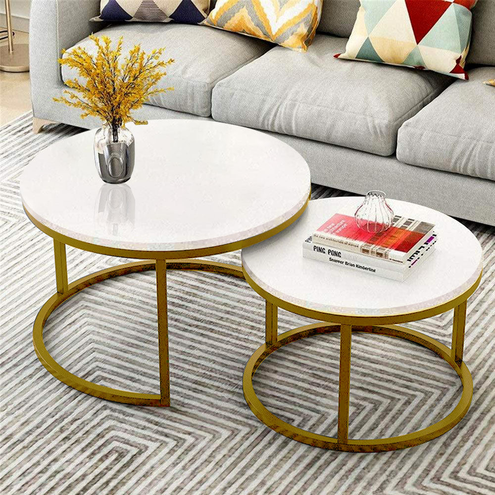 Golden Metallic Finish Round Coffee Table Set of 2