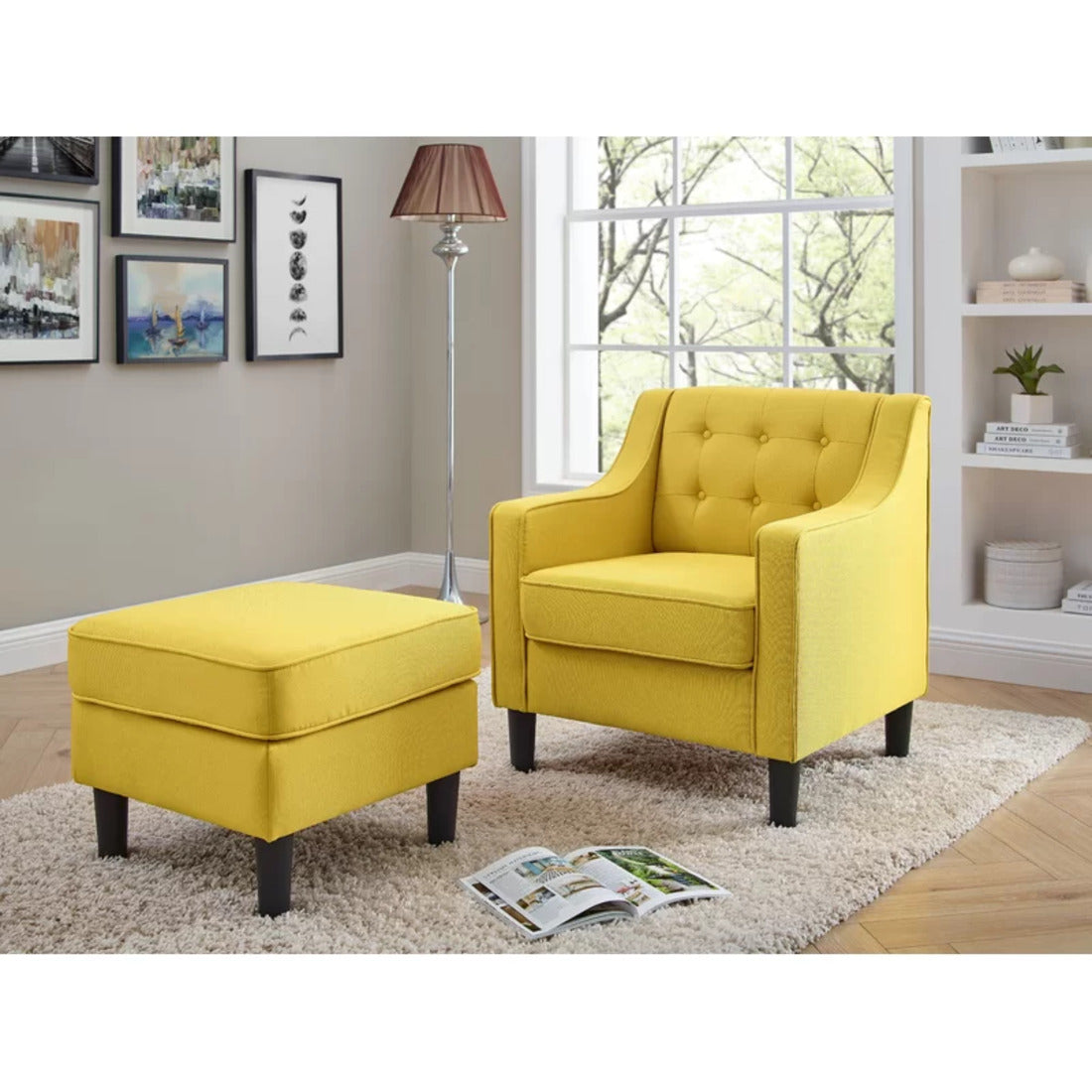Classic Yellow Tufted Comfy Lounge Chair with Ottoman
