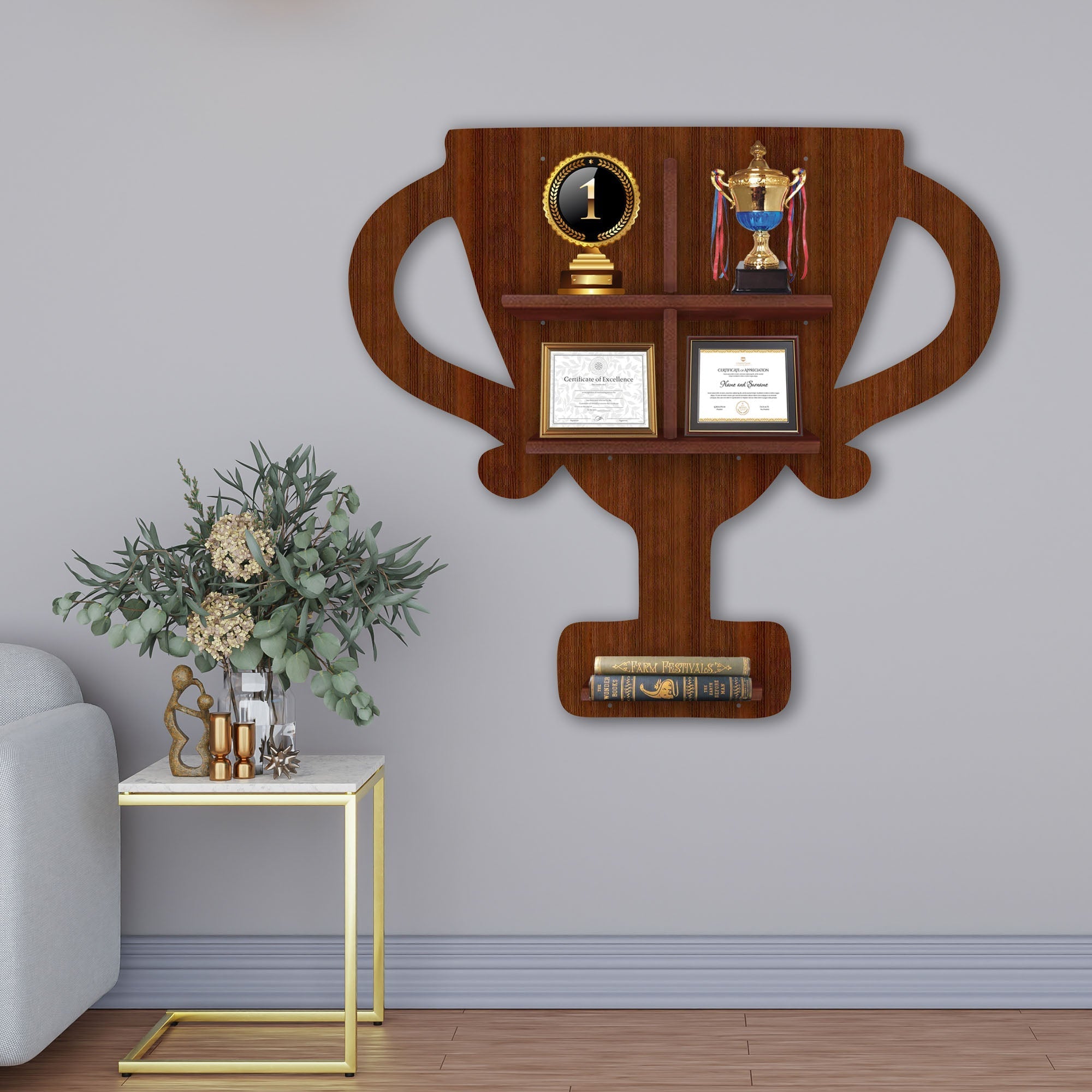 LED Light Wall Shelf with Walnut Finish