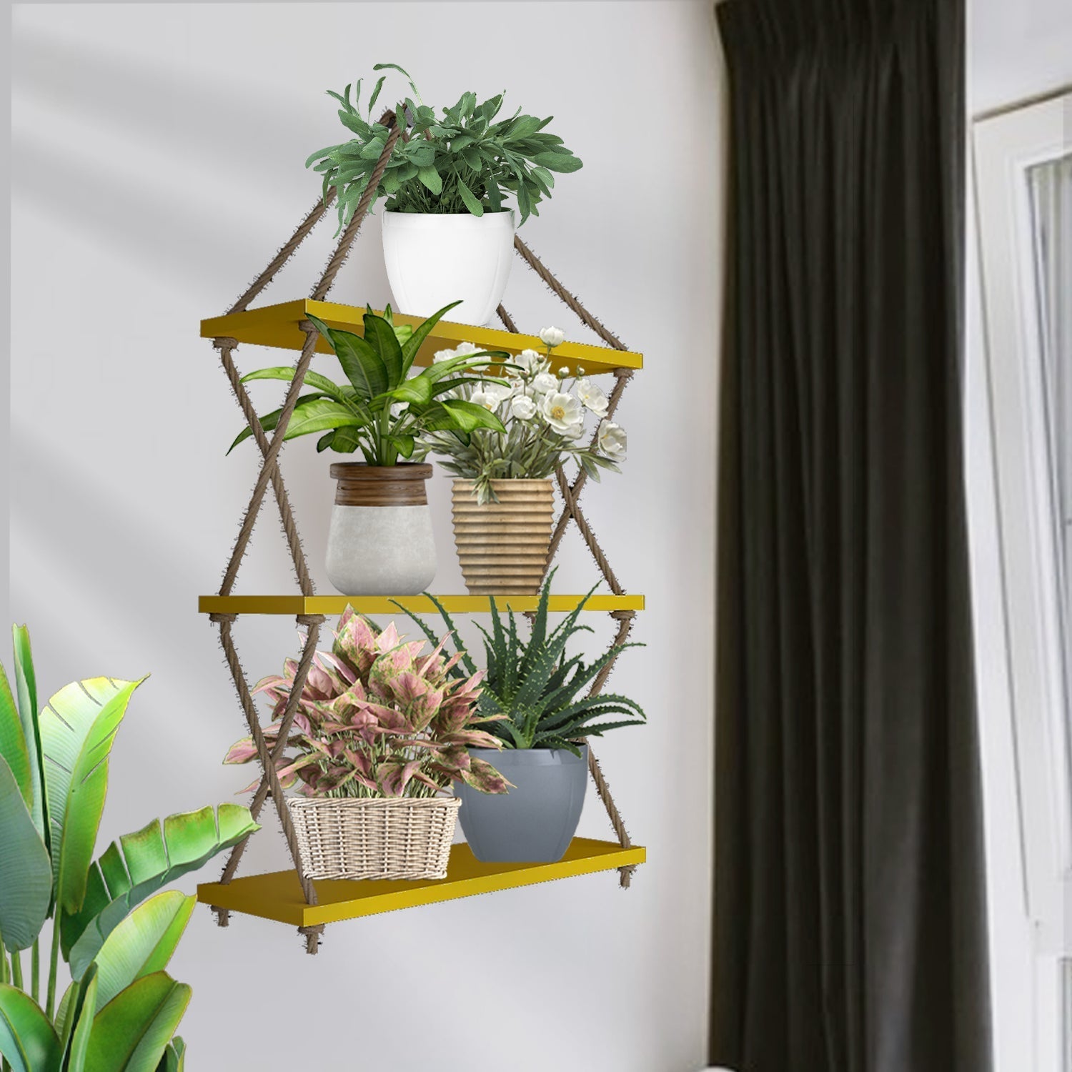 Wooden Wall Hanging Planter Shelf (Yellow Color)