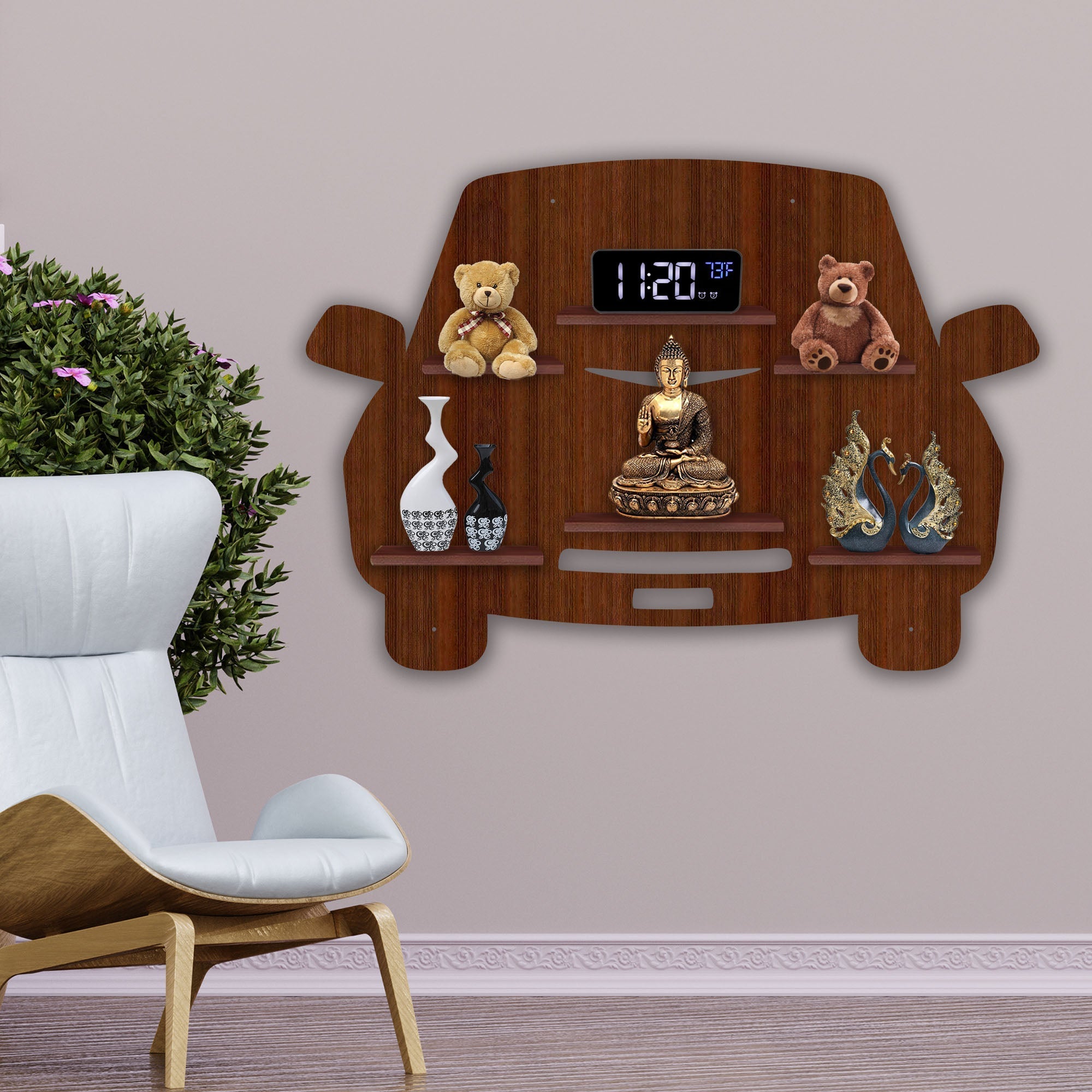 Car Wooden LED Light Wall Shelf with Walnut Finish