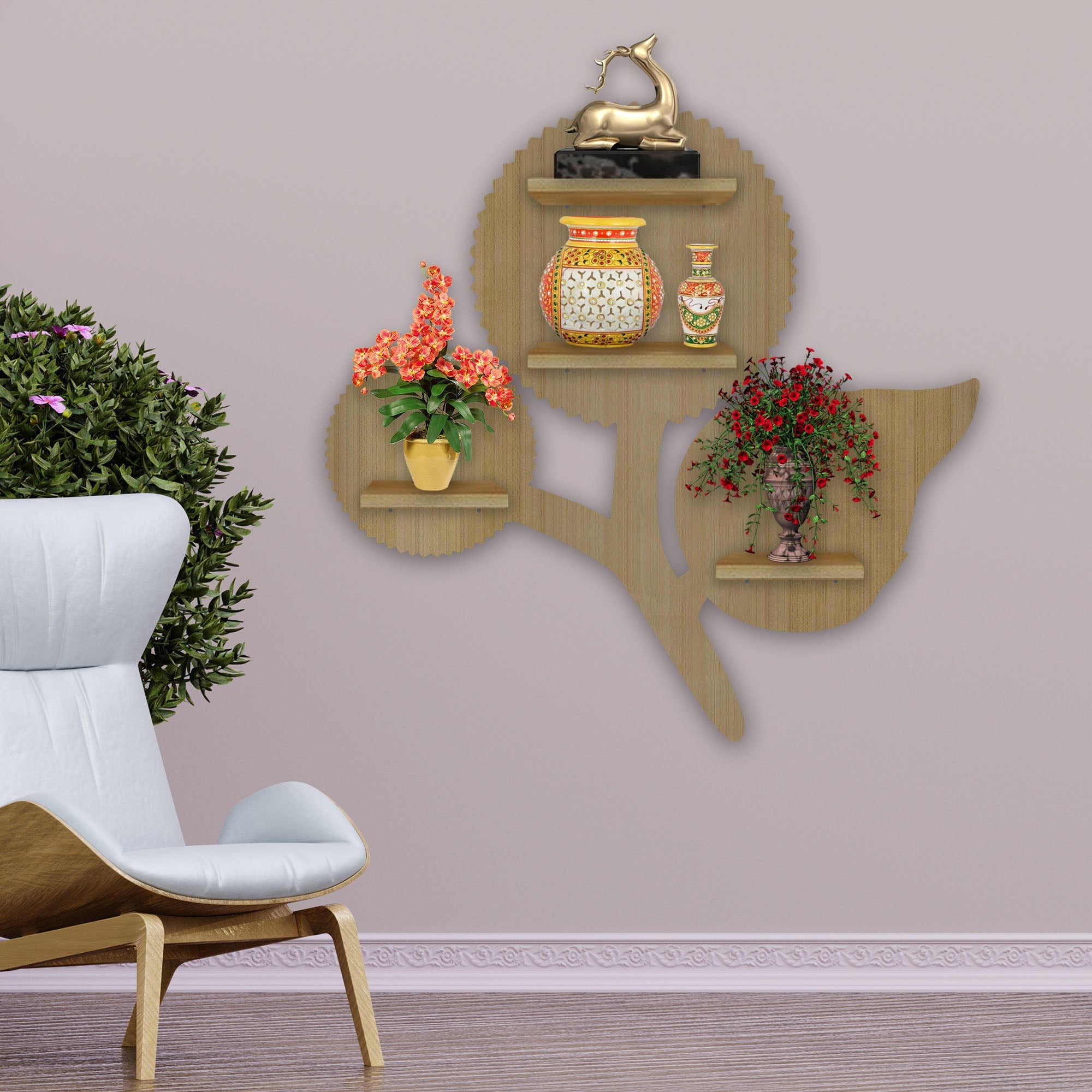 Designer Flower Shape Wooden LED Light Wall Shelf