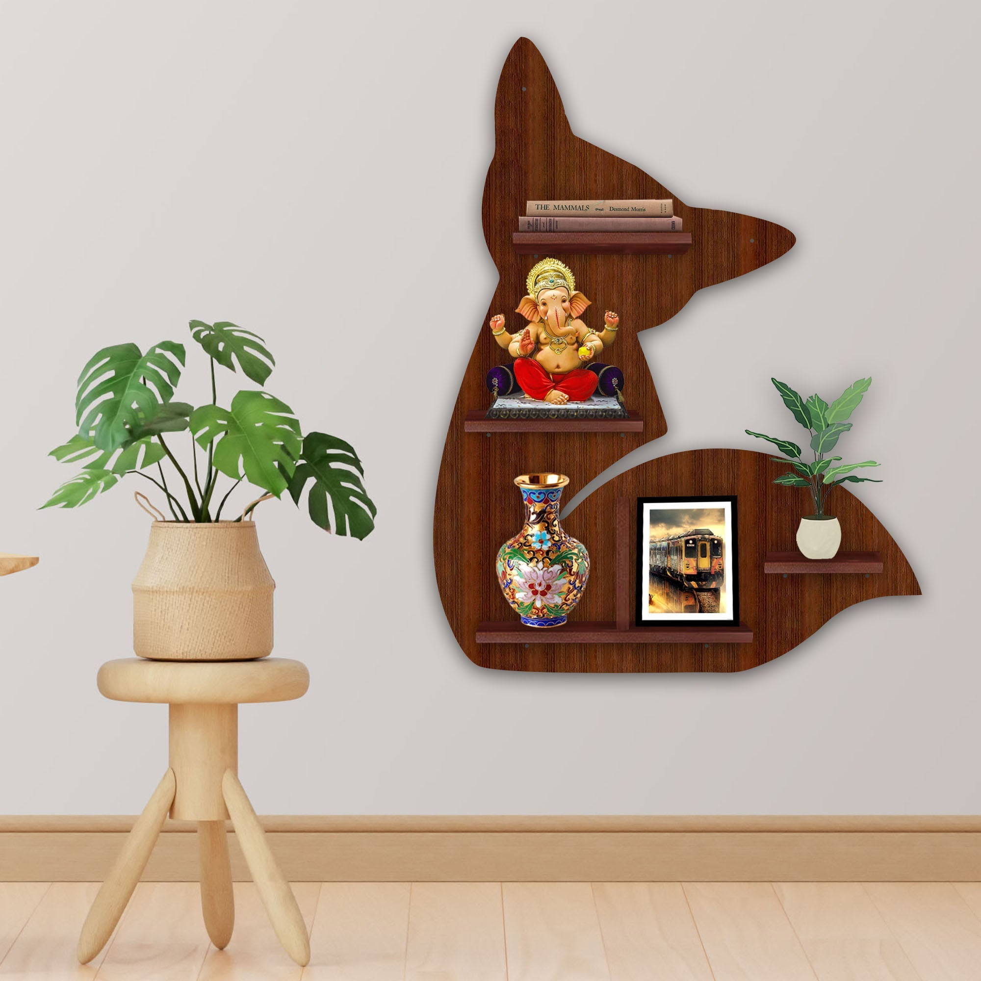 Wooden LED Light Wall Shelf with Walnut Finish