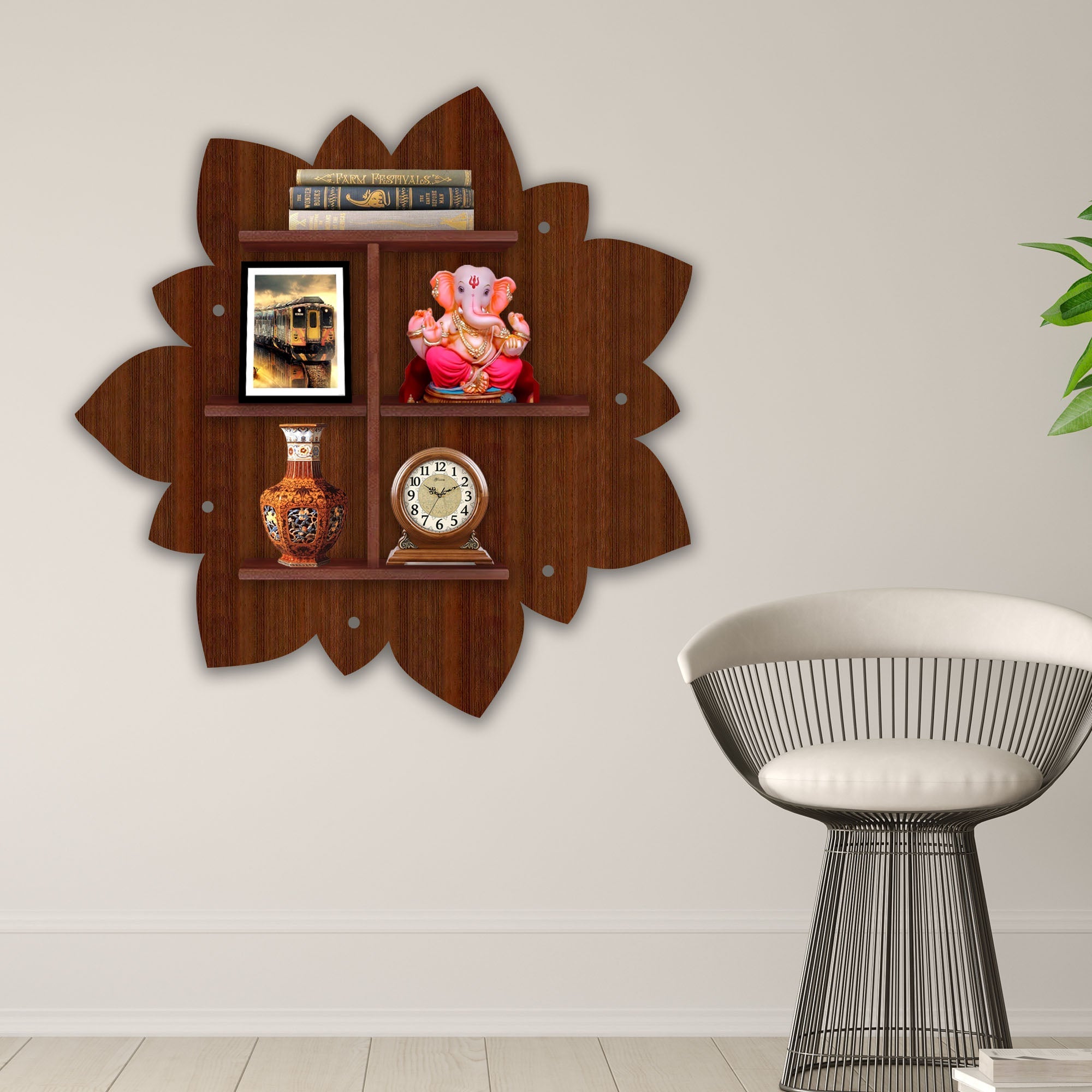 Rangoli Shape Wooden LED Light Wall Shelf with Walnut Finish