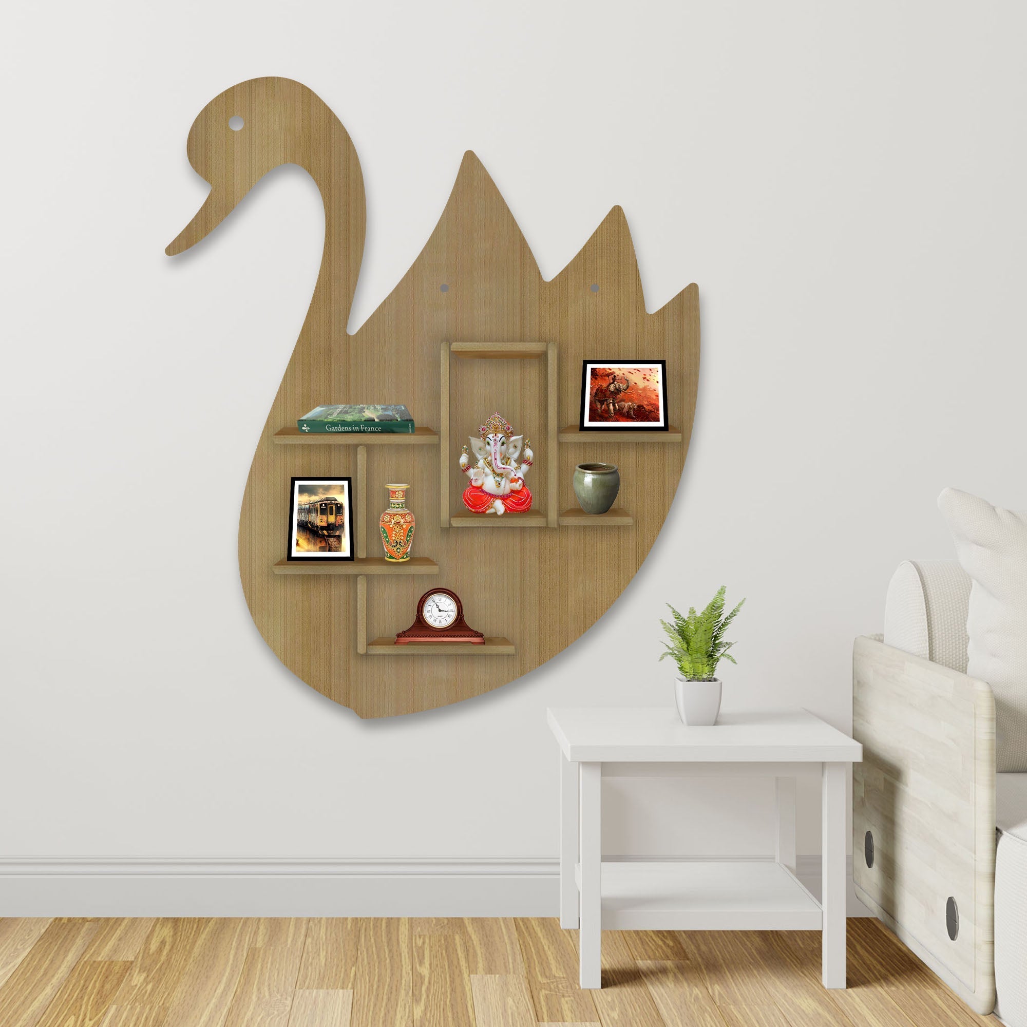 Designer Swan Shape Backlit Wooden LED Light Wall Shelf